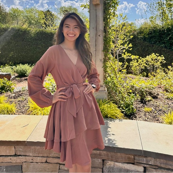 Deep V-Neck Long Sleeve Dress color Camel - Picture 5 of 5